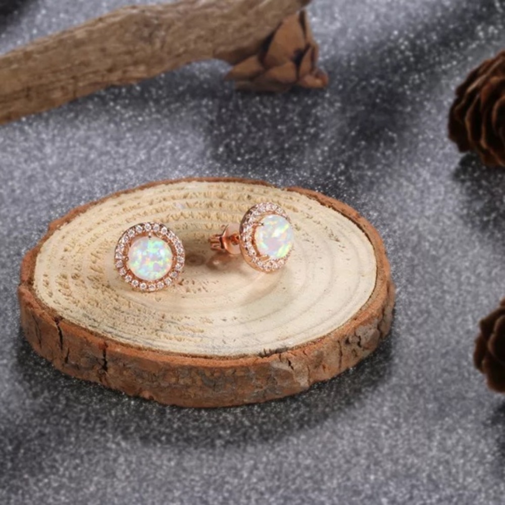 Rose Gold Round White Opal Halo Stud Earrings - Picture 5 of 6